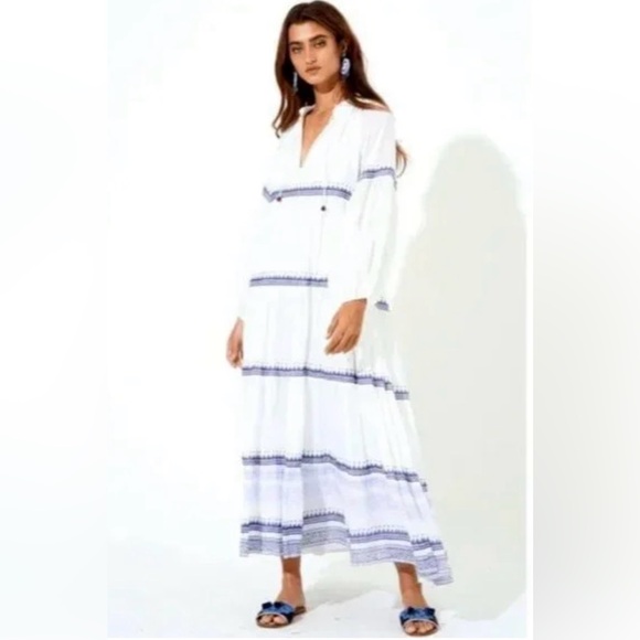 Oliphant White Maxi Dress with Blue Trim Long Sleeve - Marrakesh Style